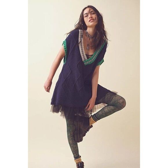 NEW FREE PEOPLE Sz M KENZIE MINI DRESS VARSITY SWEATER TUNIC IN STARLESS SKY - Picture 1 of 4